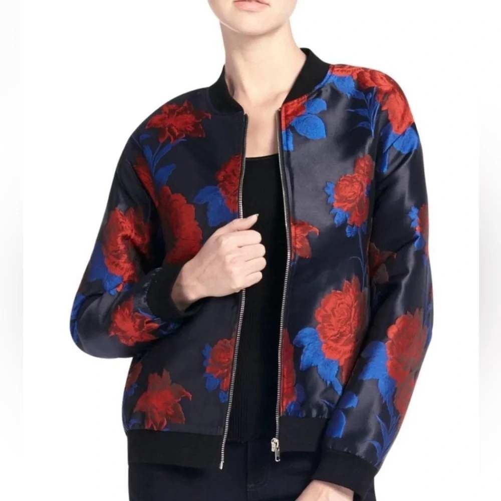 Endless Rose Floral Brocade Bomber Jacket Navy Blue Red Size Small